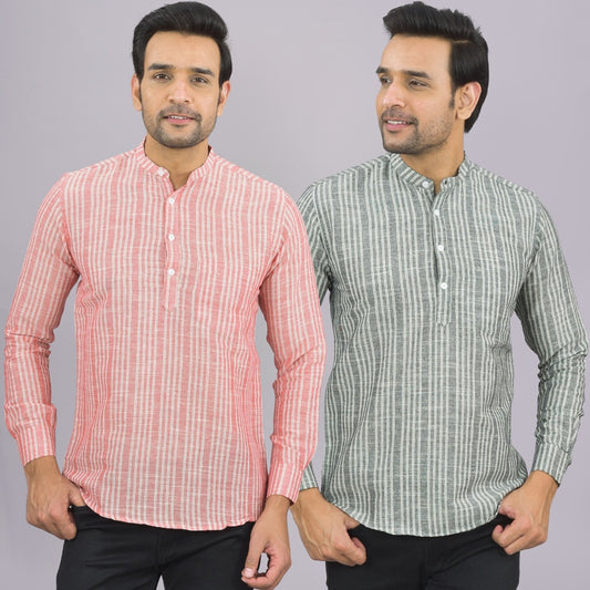 Pack Of 2 Mens Brown And Grey Stripe Linen Slub Short Kurta