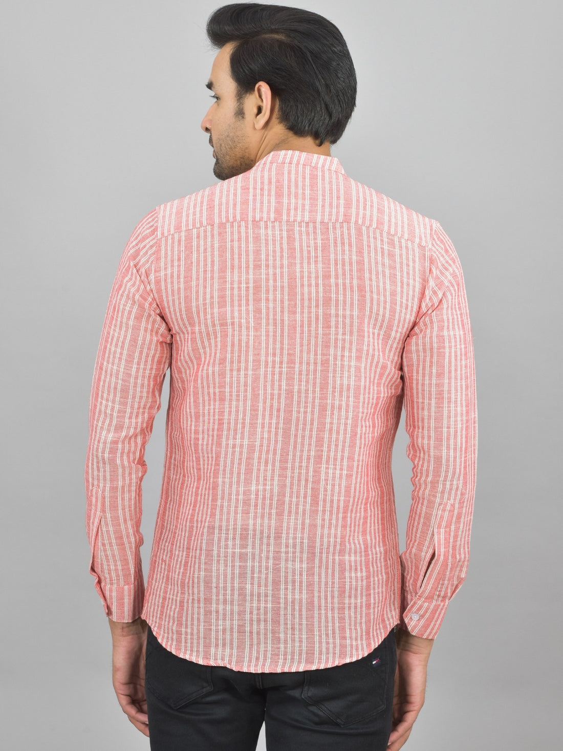 Regular Fit Red Stripes Linen Slub Short Kurta