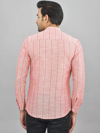 Mens Regular Fit Red Striped Linen Slub Short Kurta