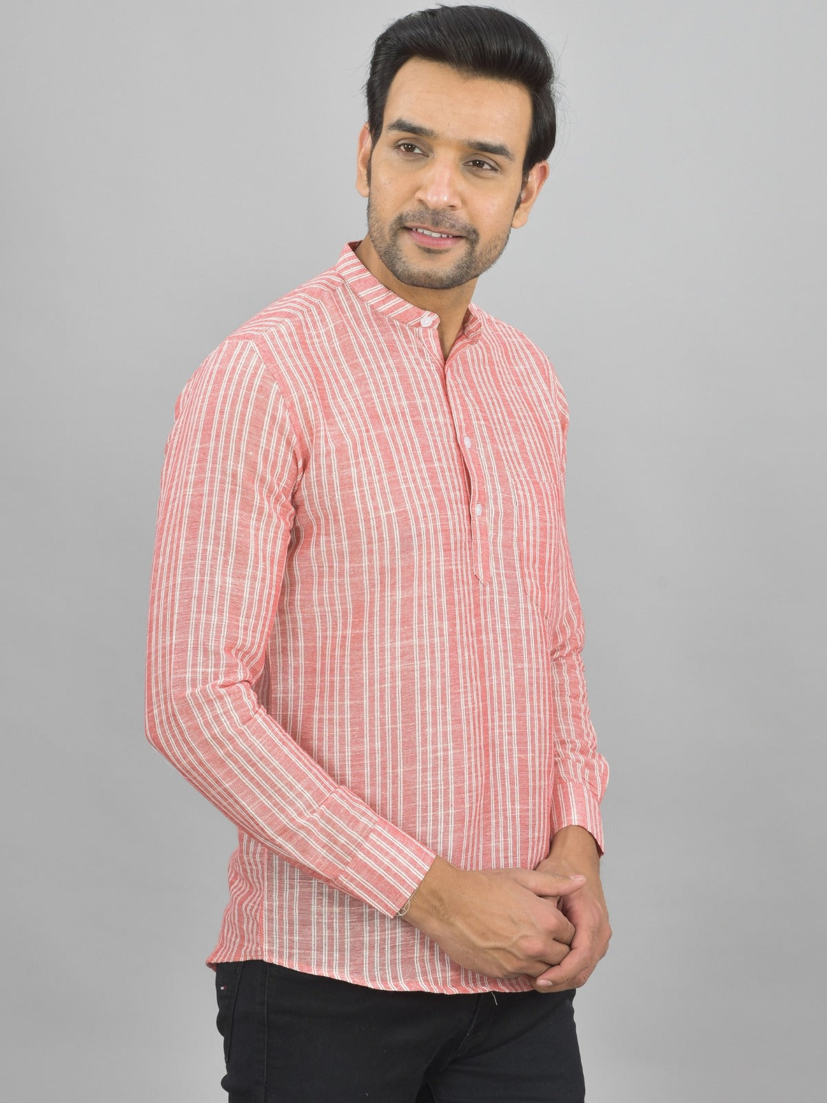 Mens Regular Fit Red Striped Linen Slub Short Kurta