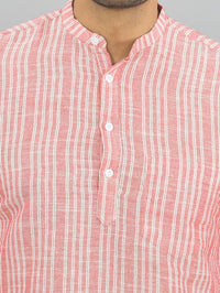 Mens Regular Fit Red Striped Linen Slub Short Kurta