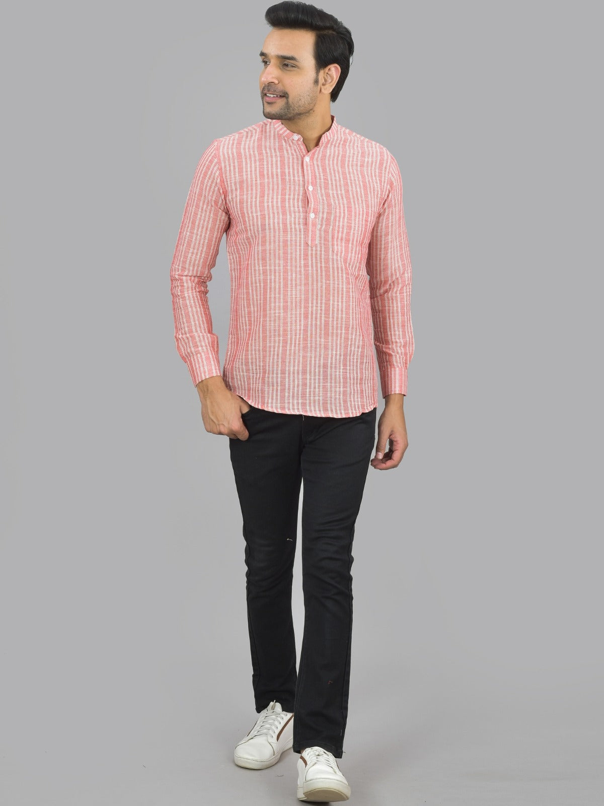 Mens Regular Fit Red Striped Linen Slub Short Kurta