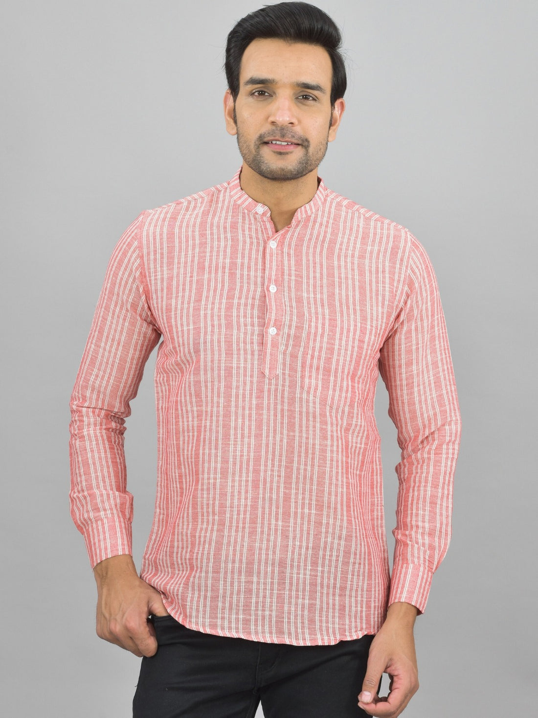 Pack Of 2 Mens Red And Light Pink Stripe Linen Slub Short Kurta