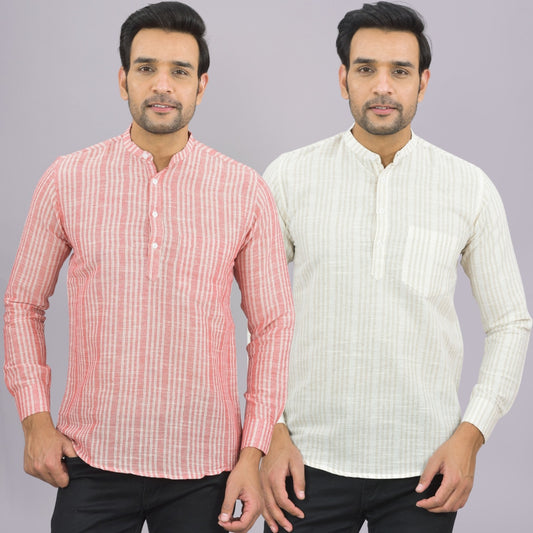 Pack Of 2 Mens Red And Light Brown Stripe Linen Slub Short Kurta