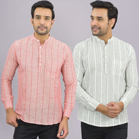 Pack Of 2 Mens Red And Light Grey Stripe Linen Slub Short Kurta