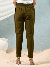 Women's Dark Green Regular Fit Elastic Cotton Trouser