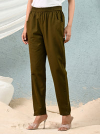 Women's Dark Green Regular Fit Elastic Cotton Trouser