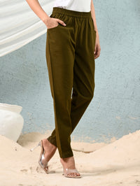 Women's Dark Green Regular Fit Elastic Cotton Trouser