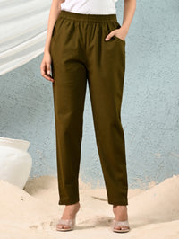 Women's Dark Green Regular Fit Elastic Cotton Trouser