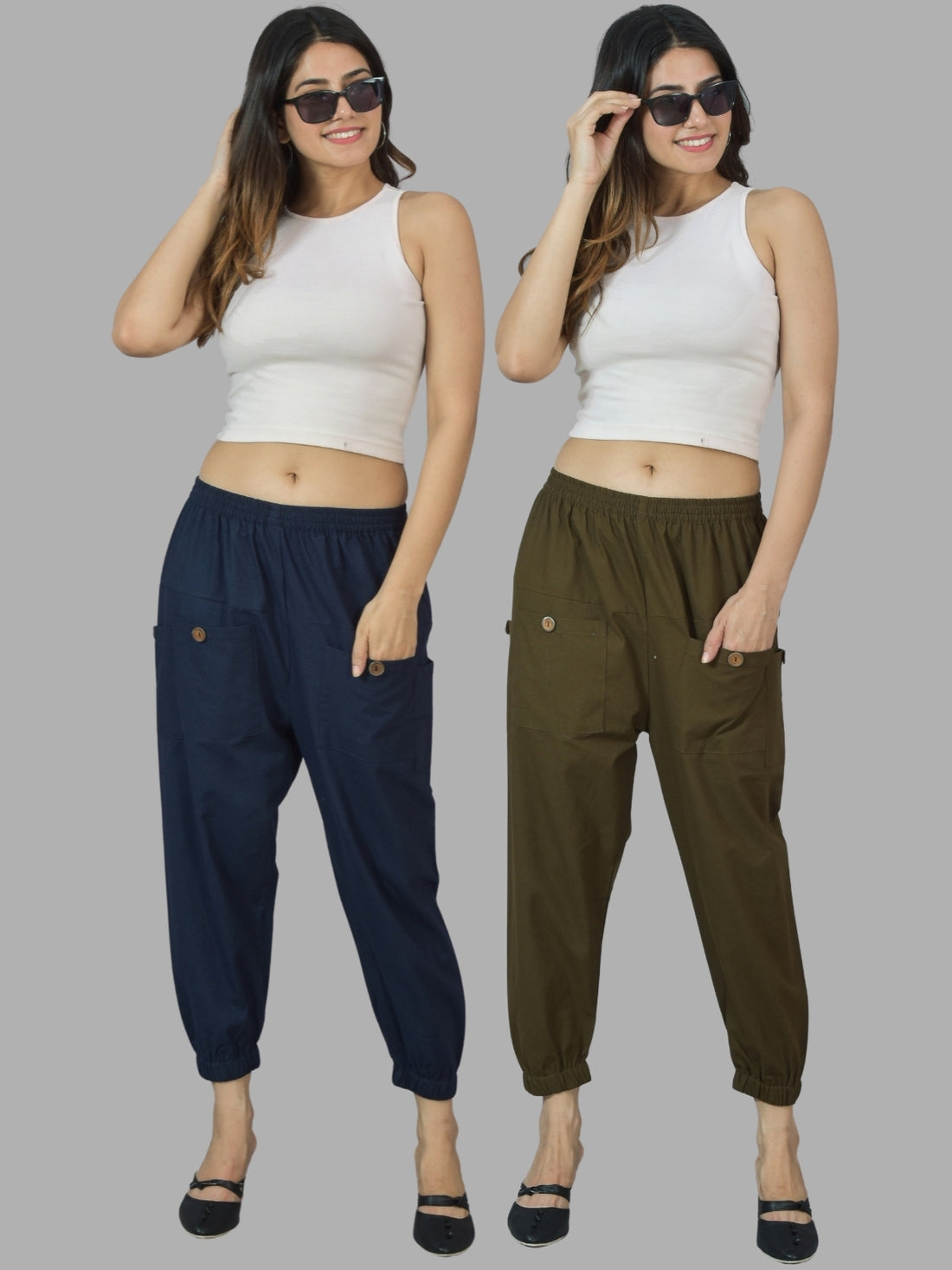Combo Pack Of Womens Dark Blue And Dark Green Four Pocket Cotton Cargo Pants