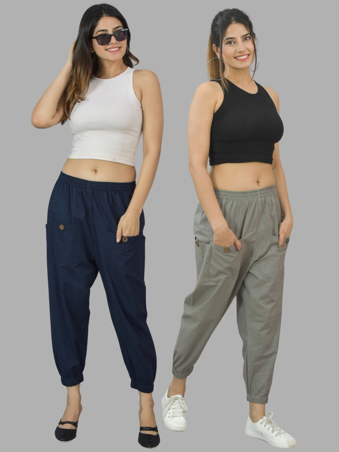 Combo Pack Of Womens Dark Blue And Grey Four Pocket Cotton Cargo Pants