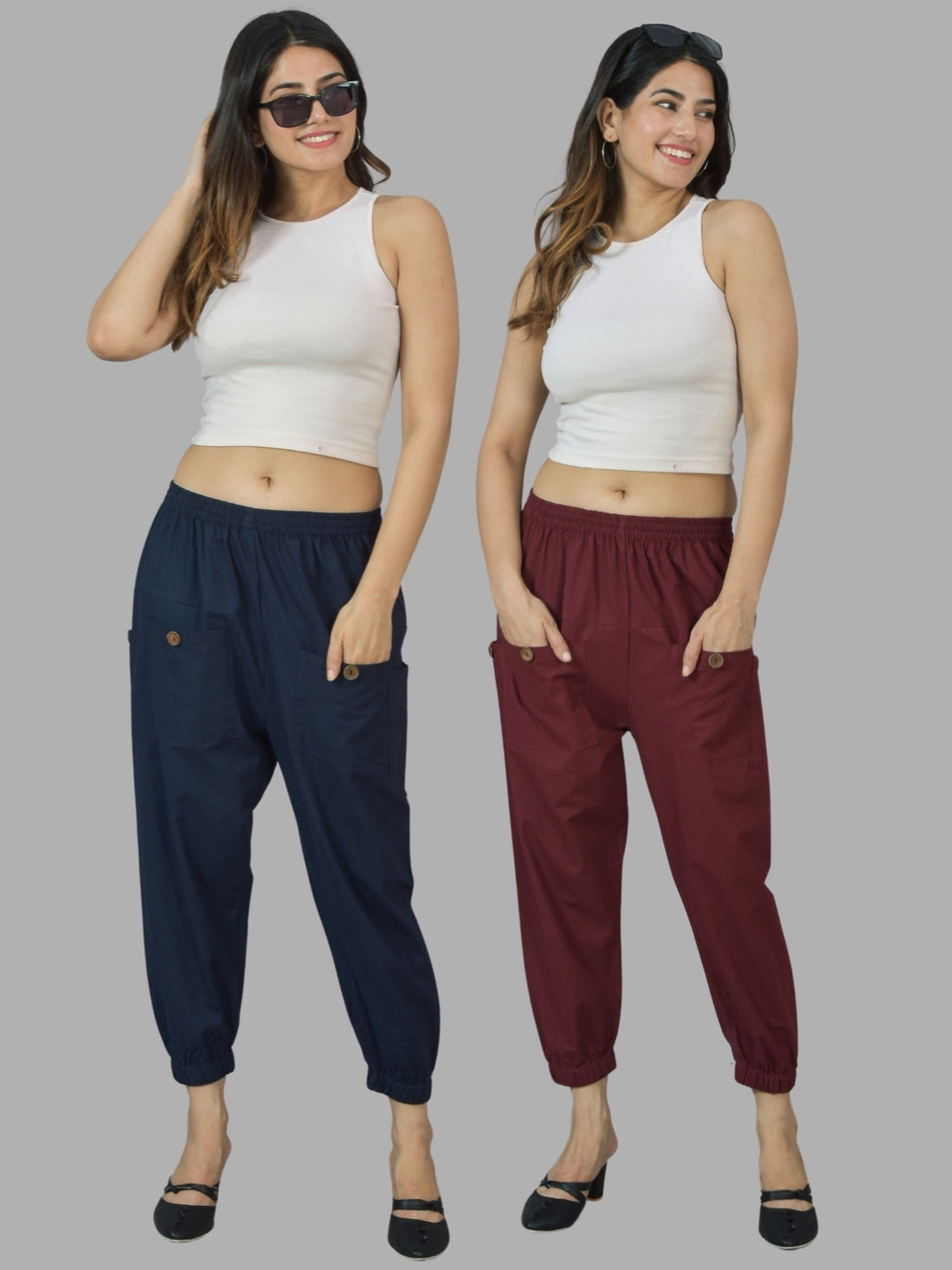 Combo Pack Of Womens Dark Blue And Maroon Four Pocket Cotton Cargo Pants