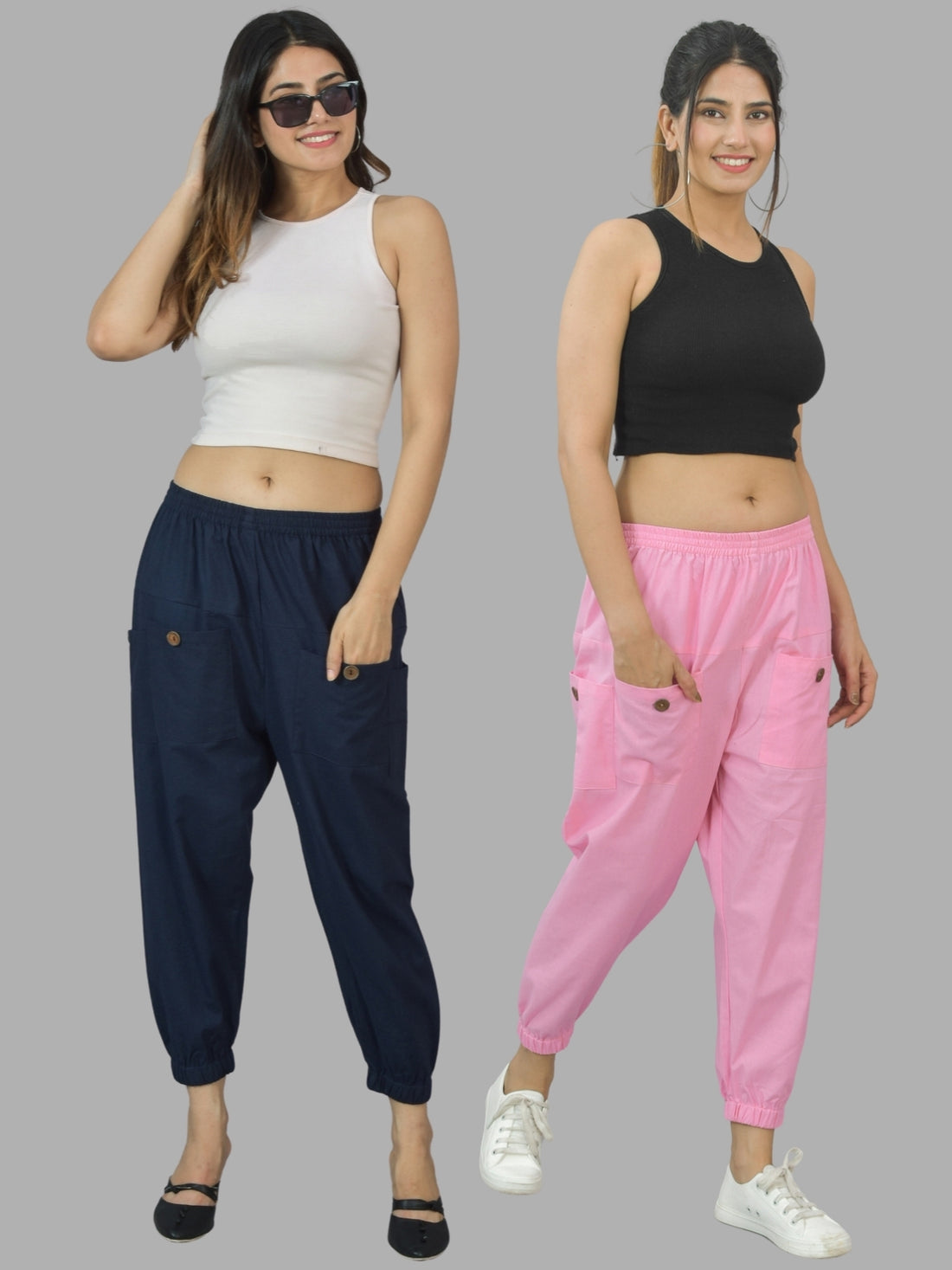 Combo Pack Of Womens Dark Blue And Pink Four Pocket Cotton Cargo Pants