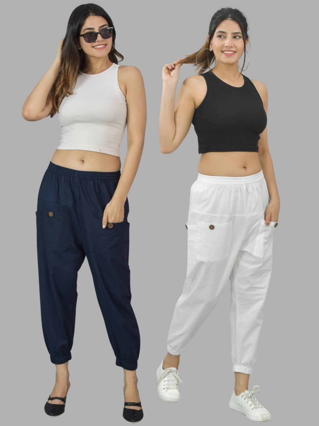 Combo Pack Of Womens Dark Blue And White Four Pocket Cotton Cargo Pants