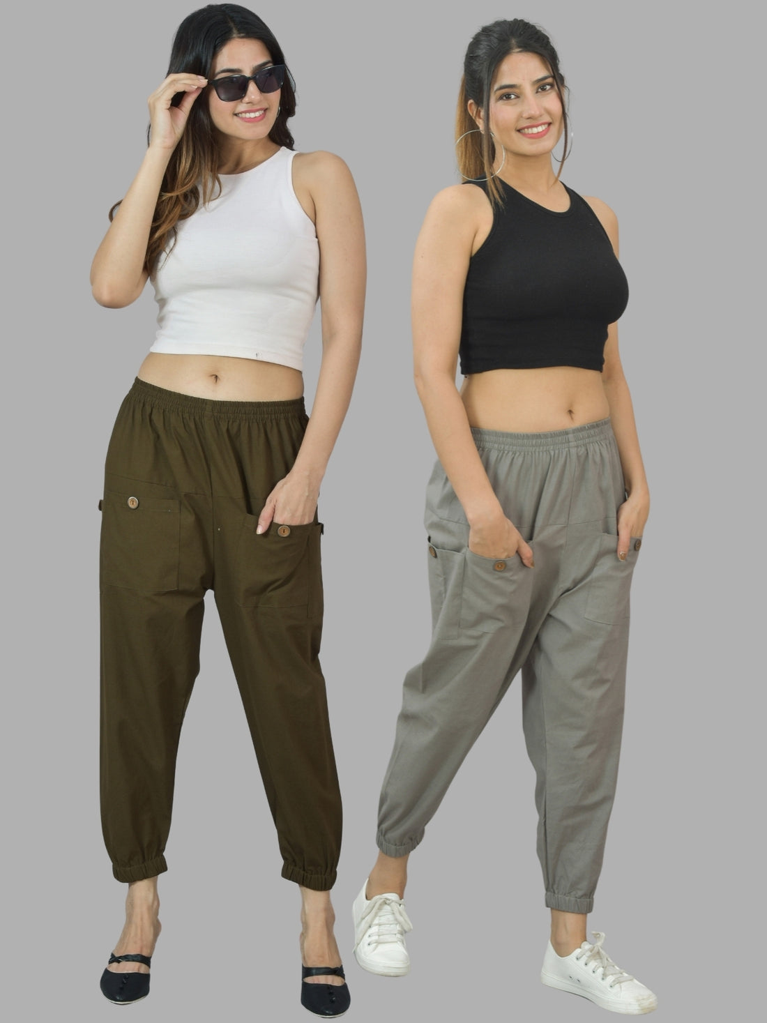 Combo Pack Of Womens Dark Green And Grey Four Pocket Cotton Cargo Pants