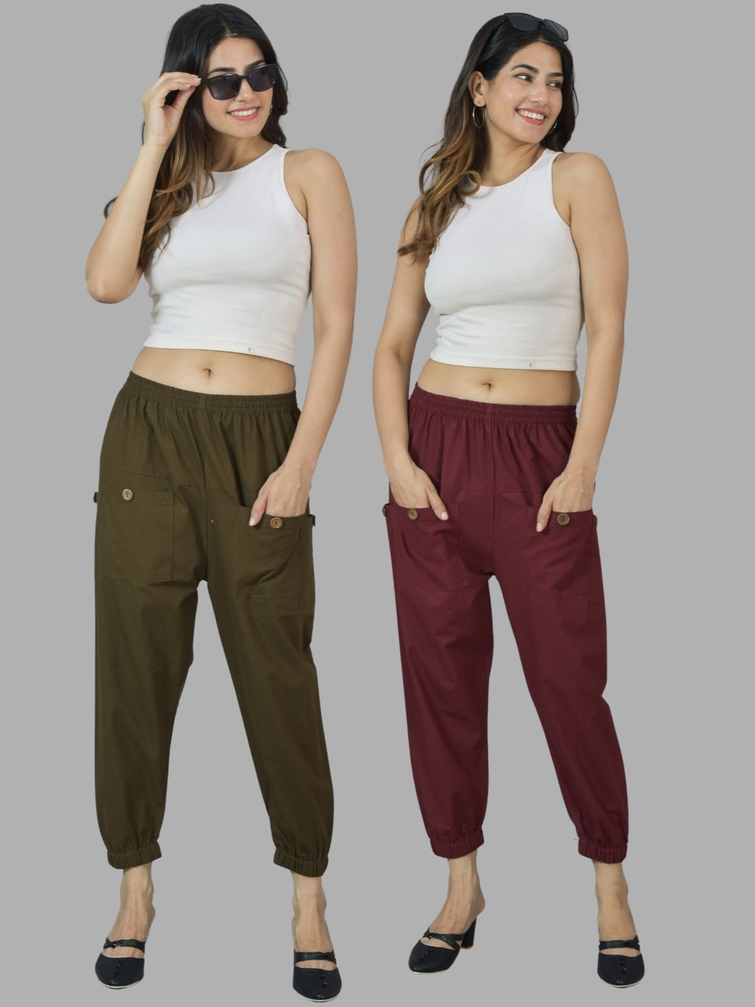 Combo Pack Of Womens Dark Green And Maroon Four Pocket Cotton Cargo Pants