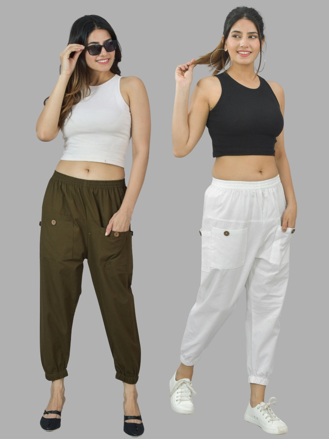 Combo Pack Of Womens Dark Green And White Four Pocket Cotton Cargo Pants