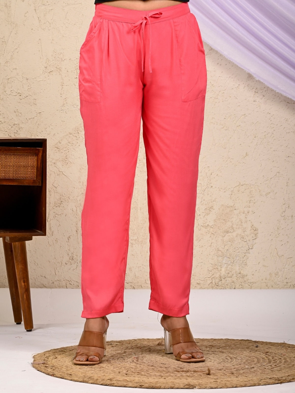 Women Regular Fit Gajri Pink Rayon Trouser