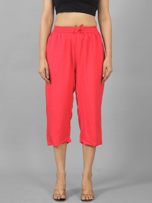 Women Solid Gajri Red Rayon Calf Length Culottes Trouser