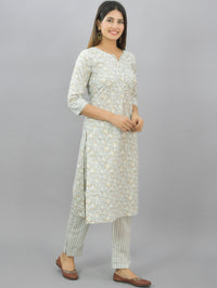 Womens Grey Flower Printed Kurti And Pant Set