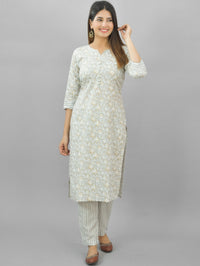 Womens Grey Flower Printed Kurti And Pant Set