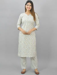 Womens Grey Flower Printed Kurti And Pant Set