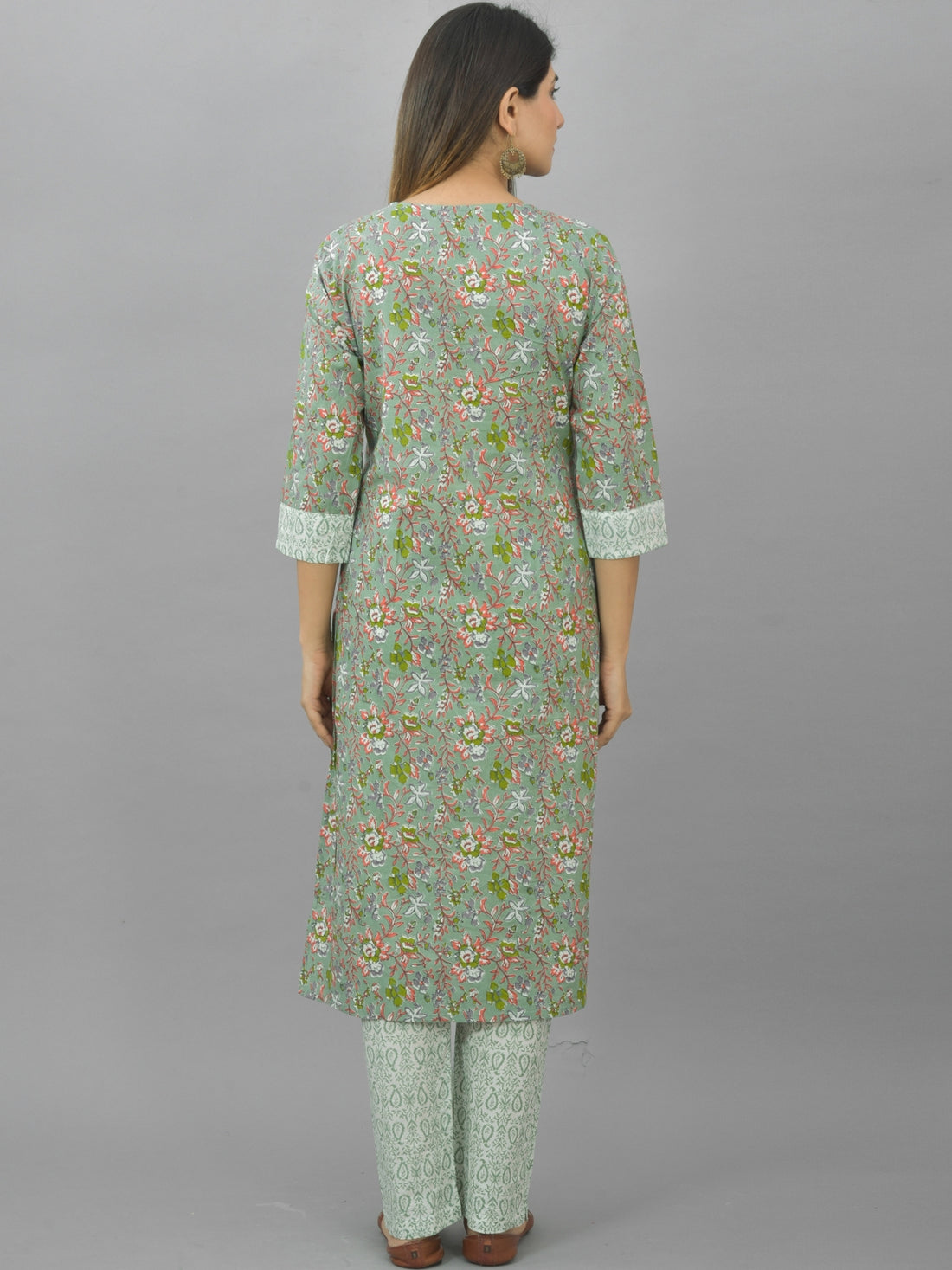 Womens Green Flower Printed Kurti And Pant Set