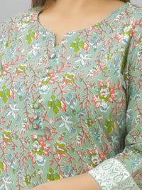 Womens Green Flower Printed Kurti And Pant Set