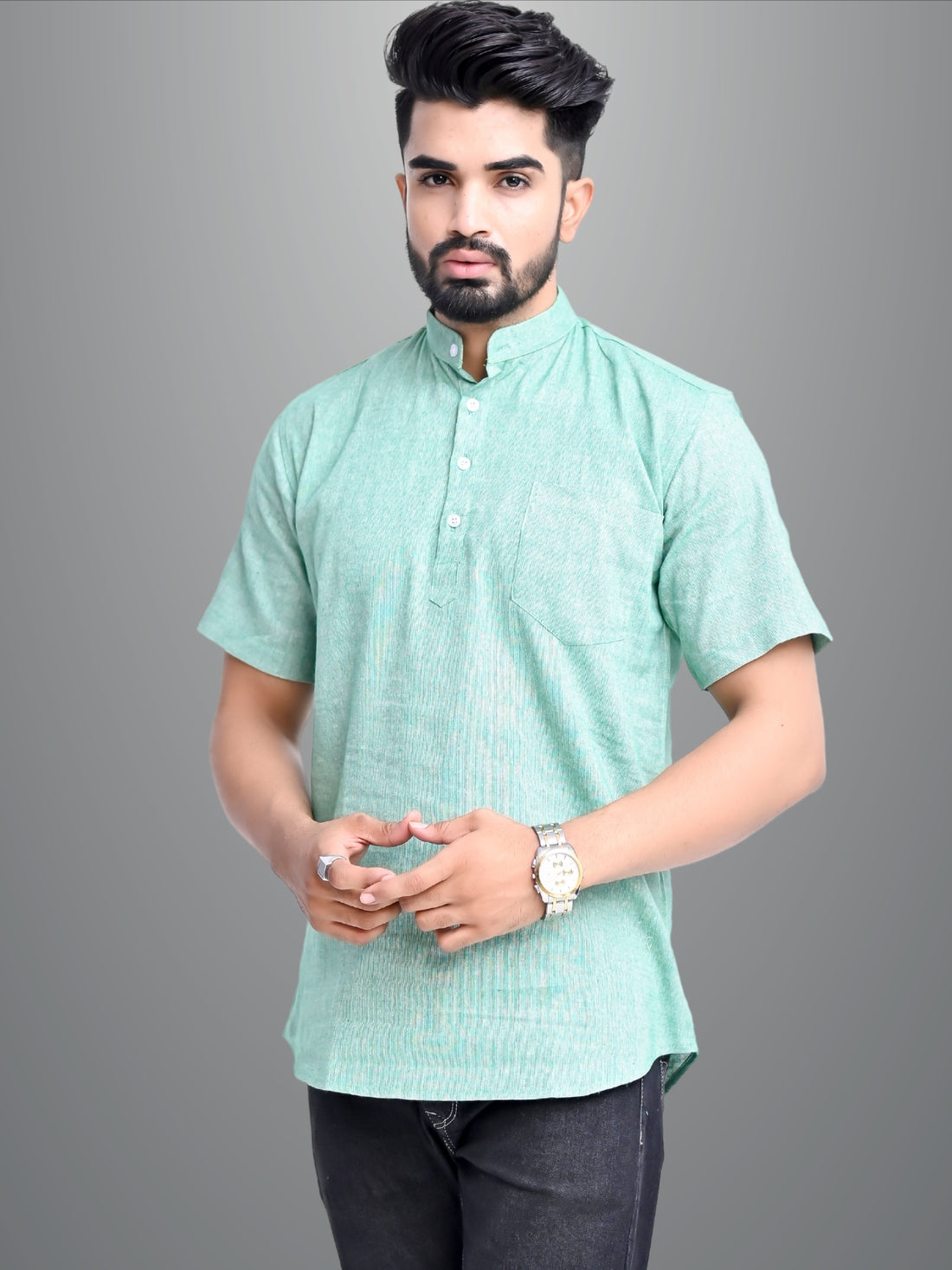 Pack of 2 Mens Solid Parrot Green And Pink Khadi Cotton Short Kurta Combo