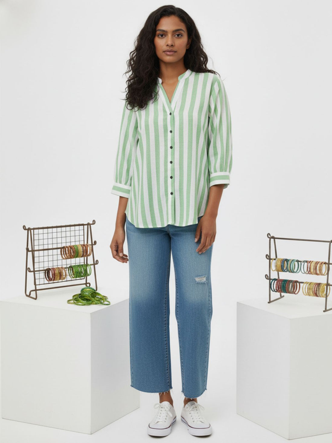 Green Pleated shoulder Stripe Shirt