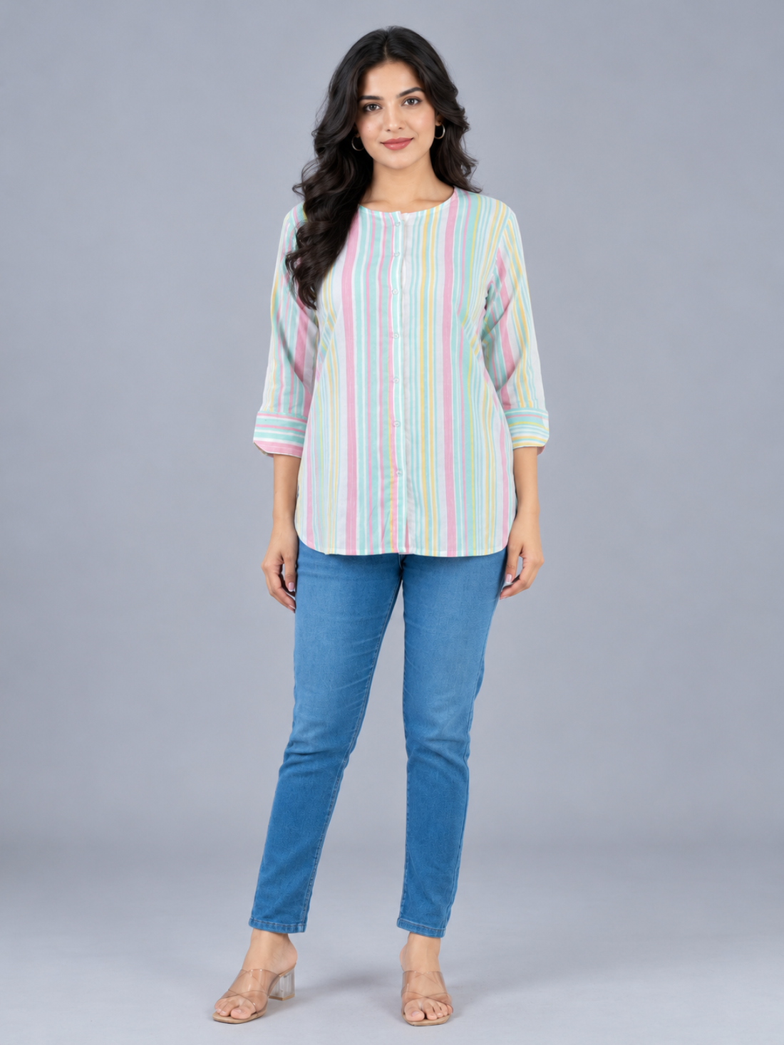 Green Rainbow Stripe Cotton Shirts