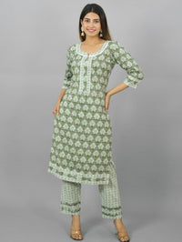 Womens Green Flower Printed Round Neck Kurta and Pant Set