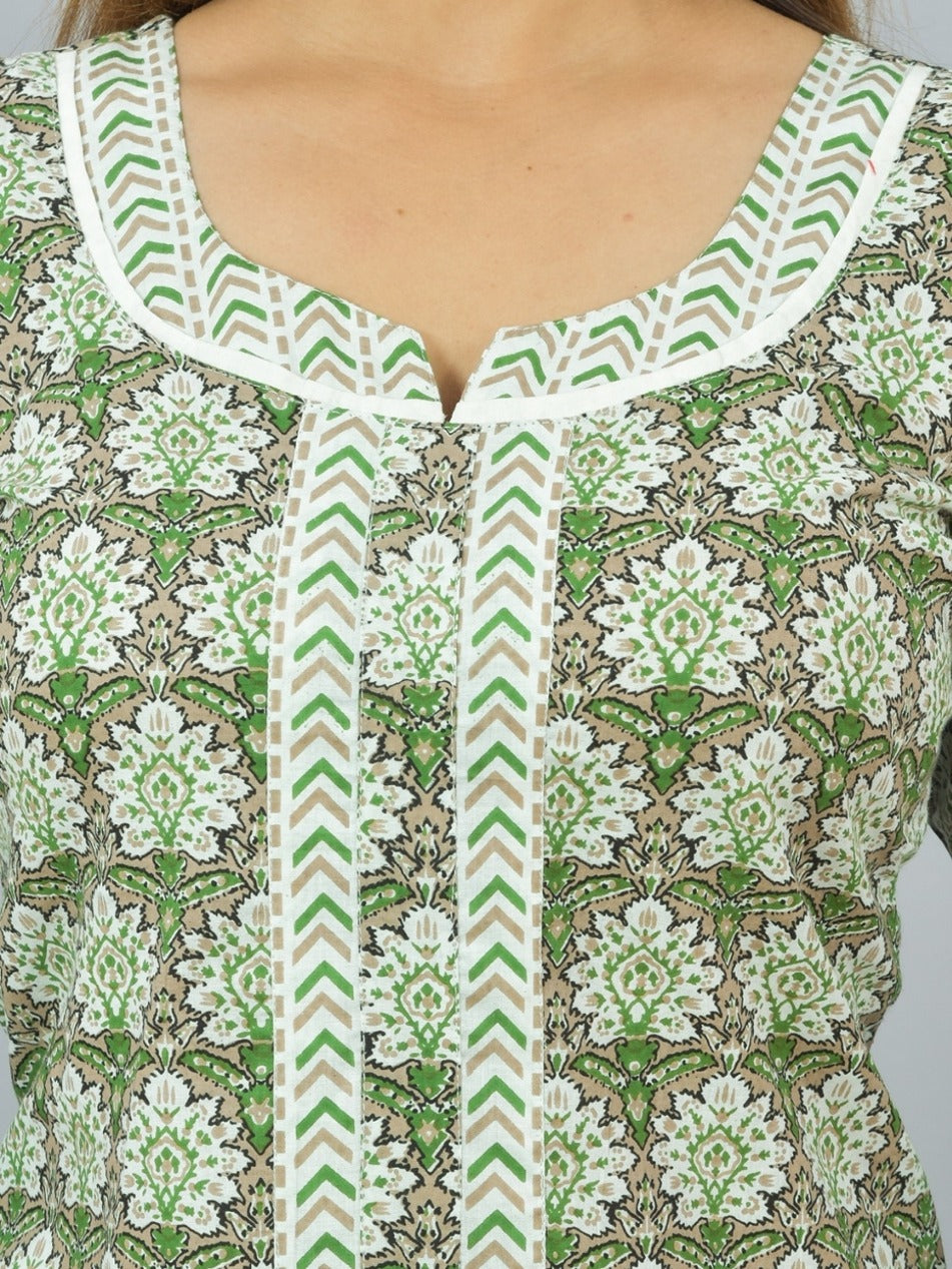 Womens Green Flower Printed Round Neck Kurta and Pant Set