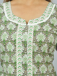 Womens Green Flower Printed Round Neck Kurta and Pant Set