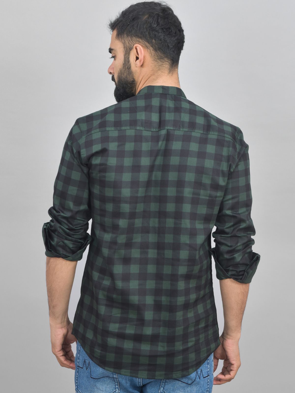 Quaclo Mens Green Check Cotton Short Kurta