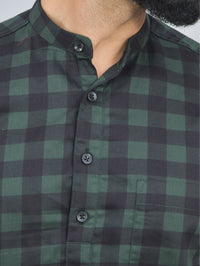 Quaclo Mens Green Check Cotton Short Kurta