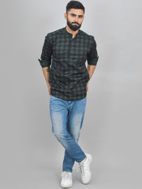 Pack Of 2 Mens Black Wide And Green Check Cotton Short Kurta Combo