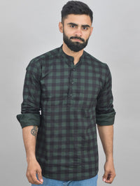 Quaclo Mens Green Check Cotton Short Kurta