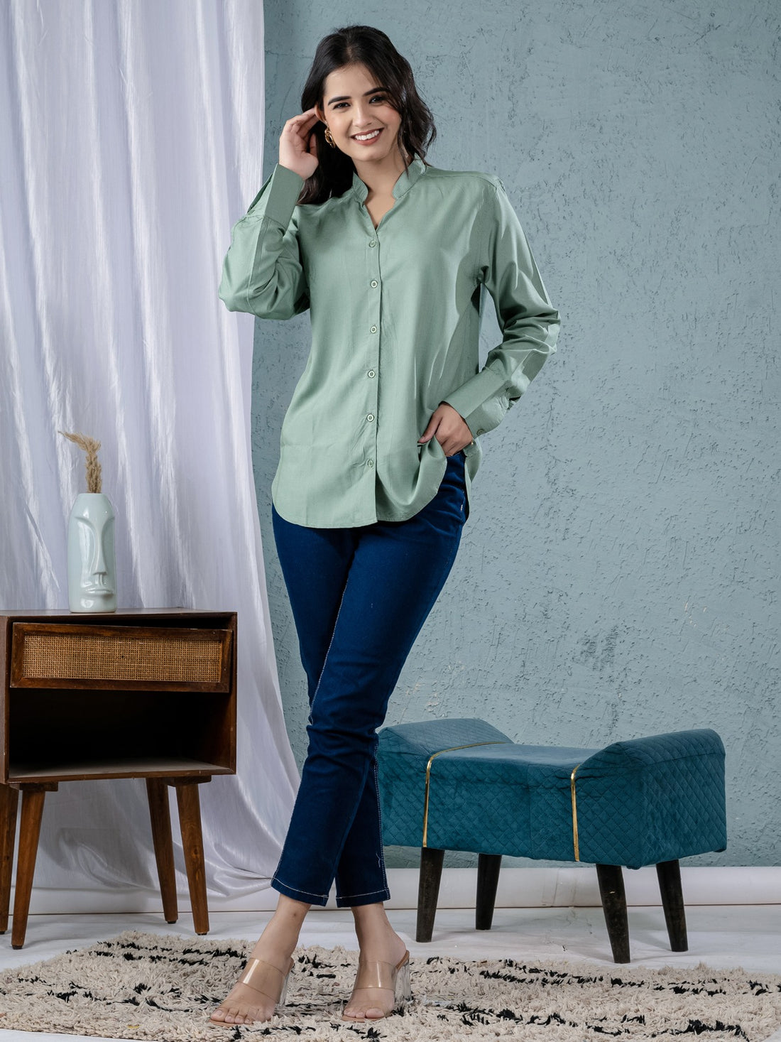 Pack Of 2 Green And Sky Blue Solid Viscose Shirts Combo