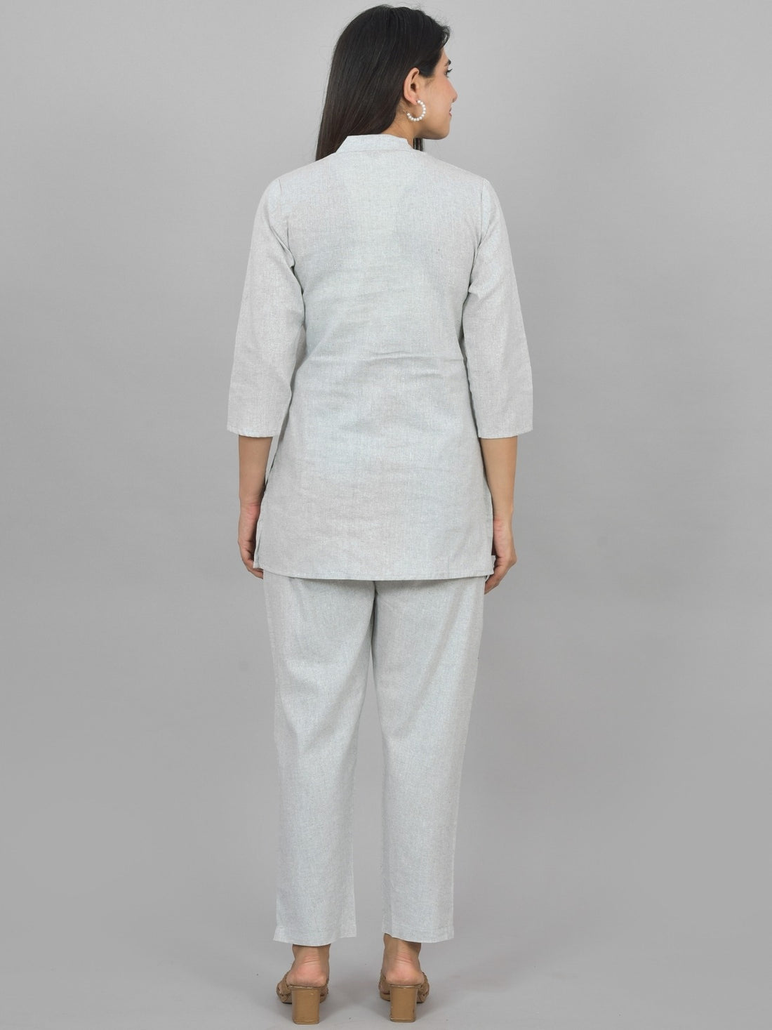 Womens Solid Grey Cotton Top-Pyjama Co-Ords Set