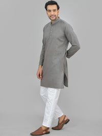 Quaclo Mens Solid Grey Cotton Long Kurta