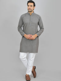 Quaclo Mens Solid Grey Cotton Long Kurta