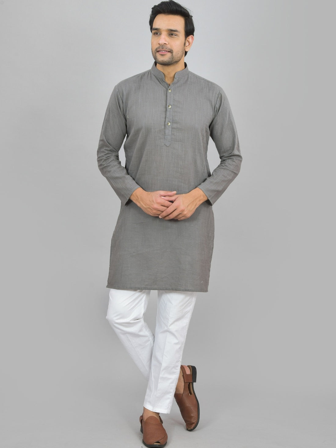 Mens Solid Grey And Wine Cotton Long Kurta Combo