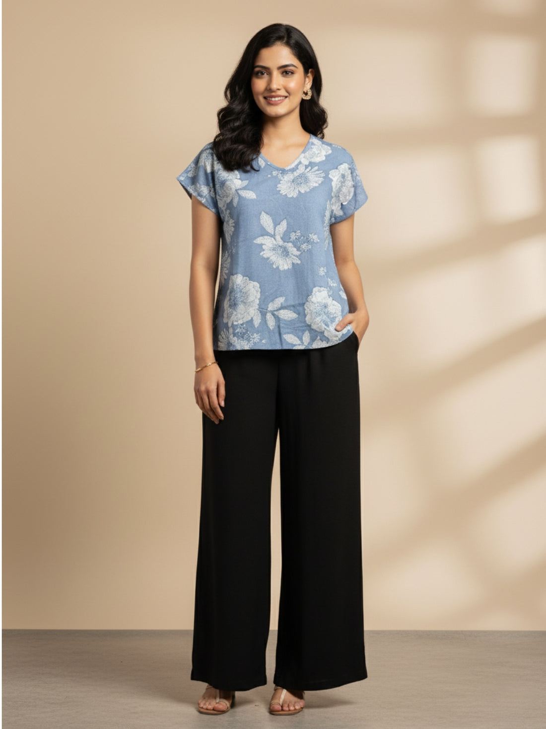 Grey Flower Airy Linen Cotton Printed Short Kurti/Top