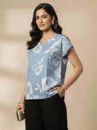 Grey Flower Airy Linen Cotton Printed Short Kurti/Top