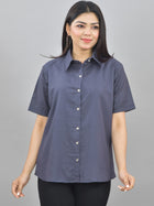 Women Solid Grey Half Sleeve Spread Collar Cotton Shirt