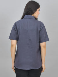 Women Solid Grey Half Sleeve Spread Collar Cotton Shirt