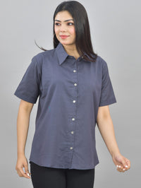 Women Solid Grey Half Sleeve Spread Collar Cotton Shirt
