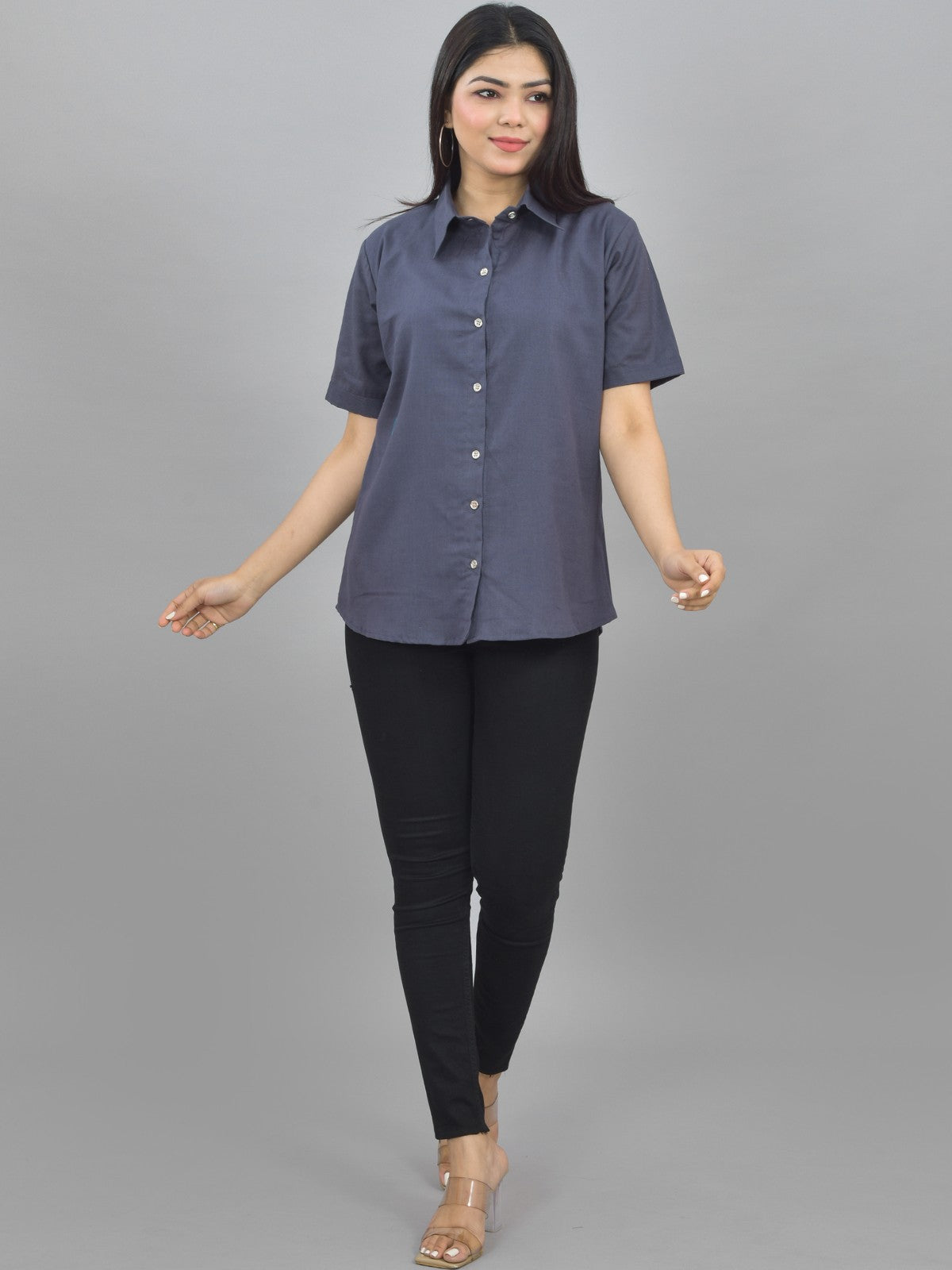 Women Solid Grey Half Sleeve Spread Collar Cotton Shirt