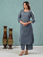 Womens Solid Grey Cotton Kurta Plazzo Set